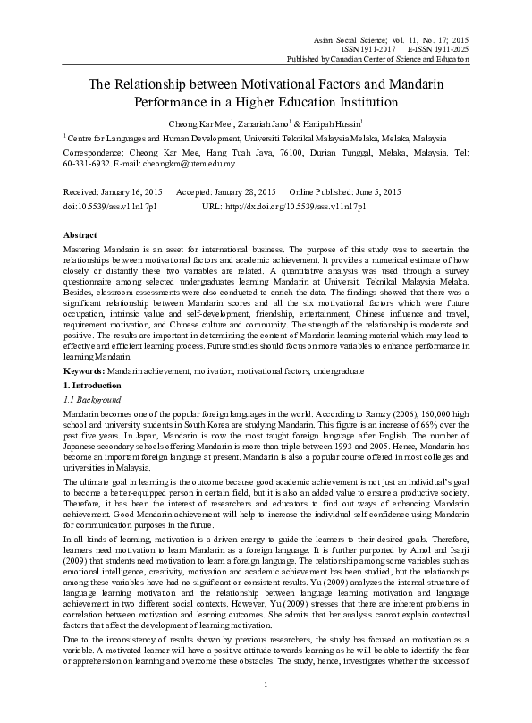 (PDF) The Relationship between Motivational Factors and Mandarin ...