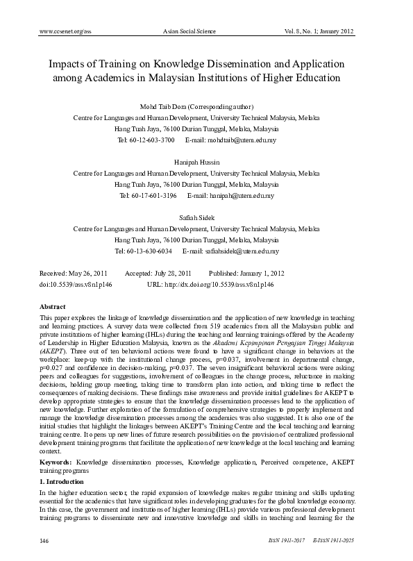 (PDF) Impacts of Training on Knowledge Dissemination and Application ...