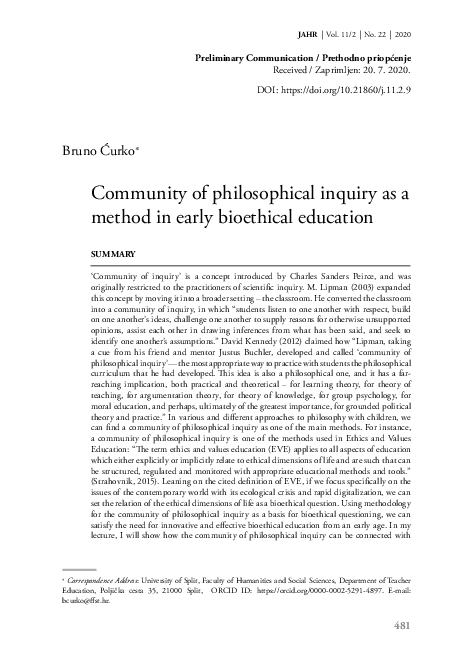 (PDF) Community of philosophical inquiry as a method in early ...