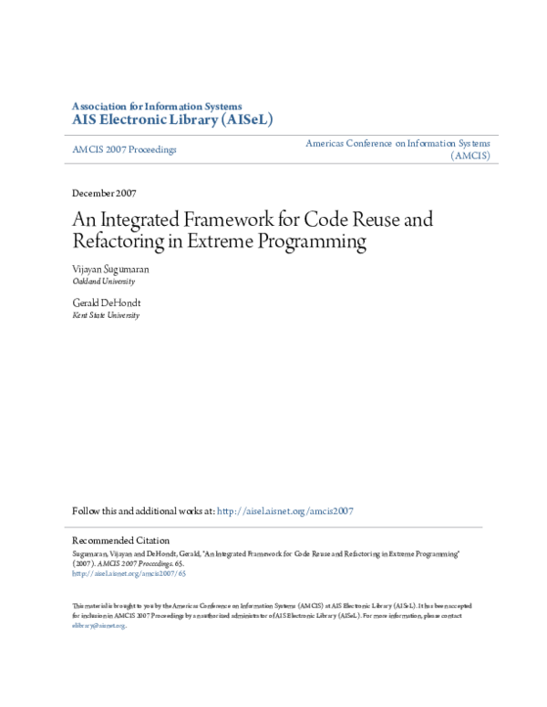 (PDF) An Integrated Framework for Code Reuse and Refactoring in Extreme ...