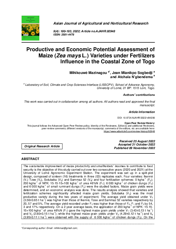 (PDF) Productive and Economic Potential Assessment of Maize (Zea mays L ...