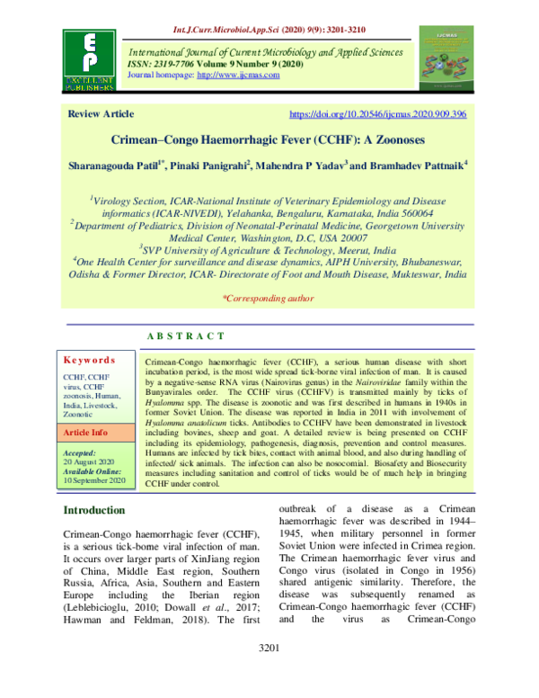 (PDF) Crimean–Congo Haemorrhagic Fever (CCHF): A Zoonoses