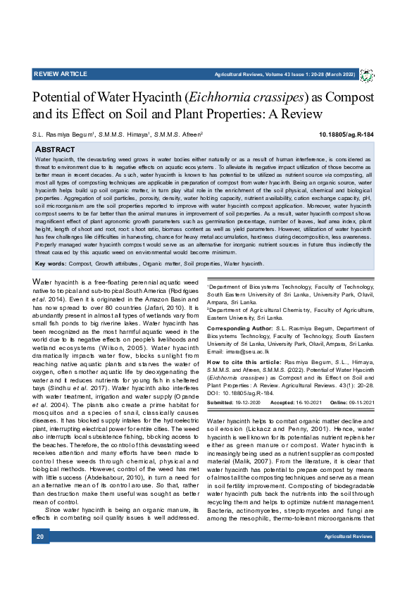 (PDF) Potential of Water Hyacinth (Eichhornia crassipes) as Compost and ...