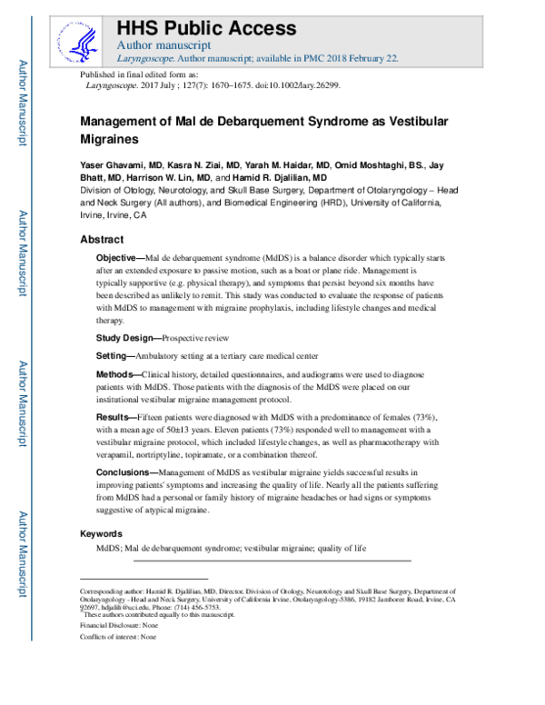 (PDF) Management of mal de debarquement syndrome as vestibular migraines