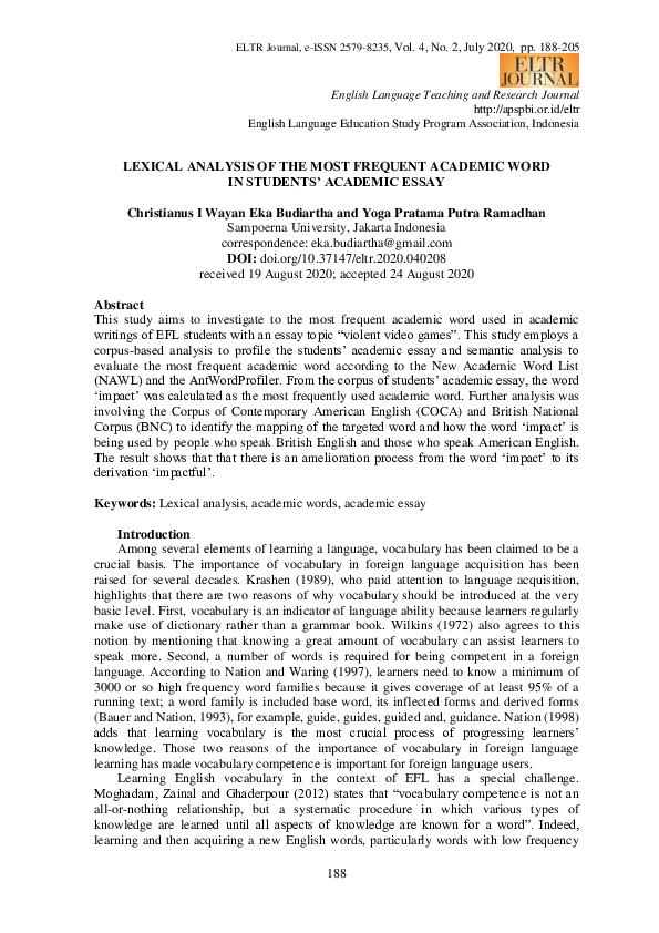 (PDF) Lexical Analysis of the Most Frequent Academic Word in Students ...
