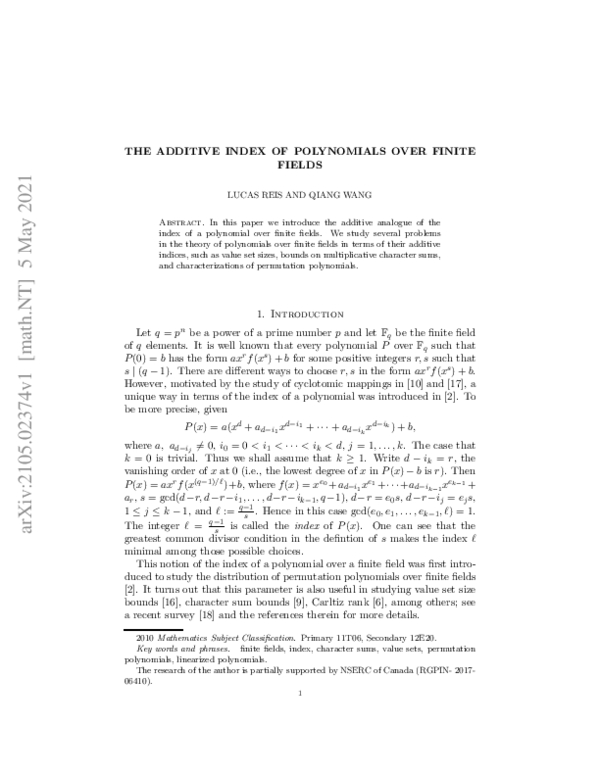 (PDF) The additive index of polynomials over finite fields