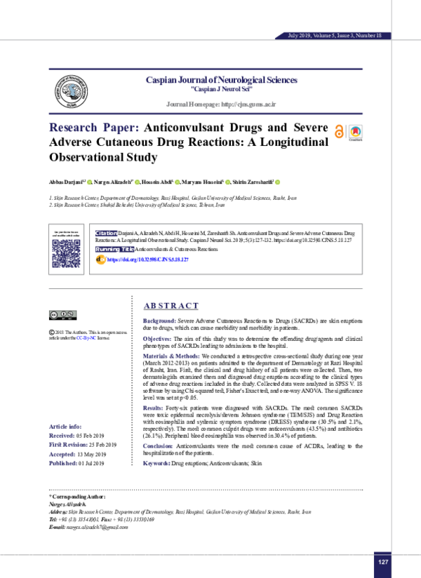 (PDF) Paper : Anticonvulsant Drugs and Severe Adverse Cutaneous Drug ...