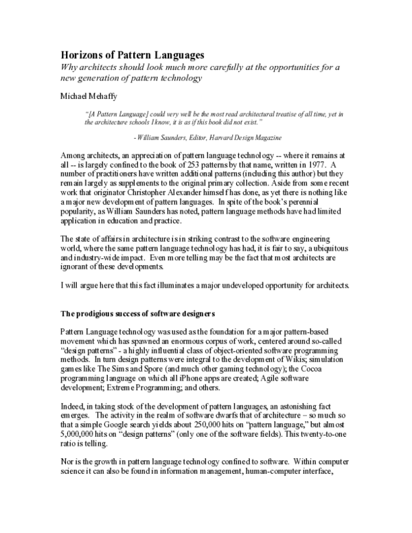 (PDF) Horizons of Pattern Languages: Why architects should look much ...