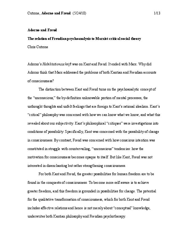 (PDF) Adorno and Freud The relation of Freudian psychoanalysis to