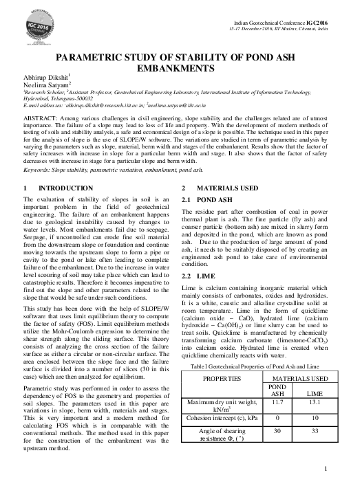 (PDF) Parametric Study of Stability of Pond Ash Embankments