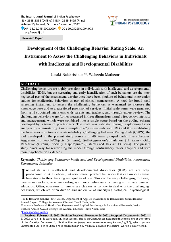 (PDF) Development of the Challenging Behavior Rating Scale: An ...