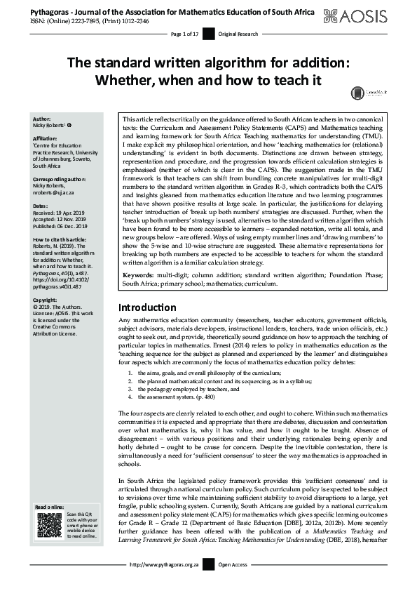 (PDF) The standard written algorithm for addition: Whether, when and ...