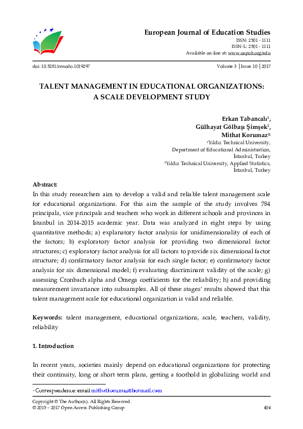 (PDF) Talent Management in Educational Organizations: A Scale ...