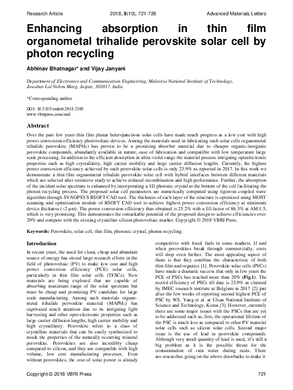 (PDF) Enhancing absorption in thin film organometal trihalide ...