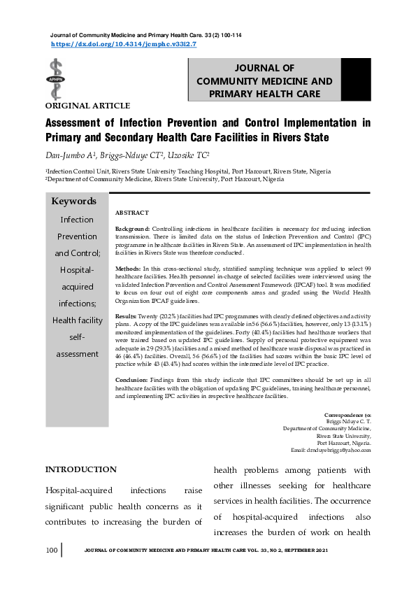 (PDF) Assessment of Infection Prevention and Control Implementation in ...