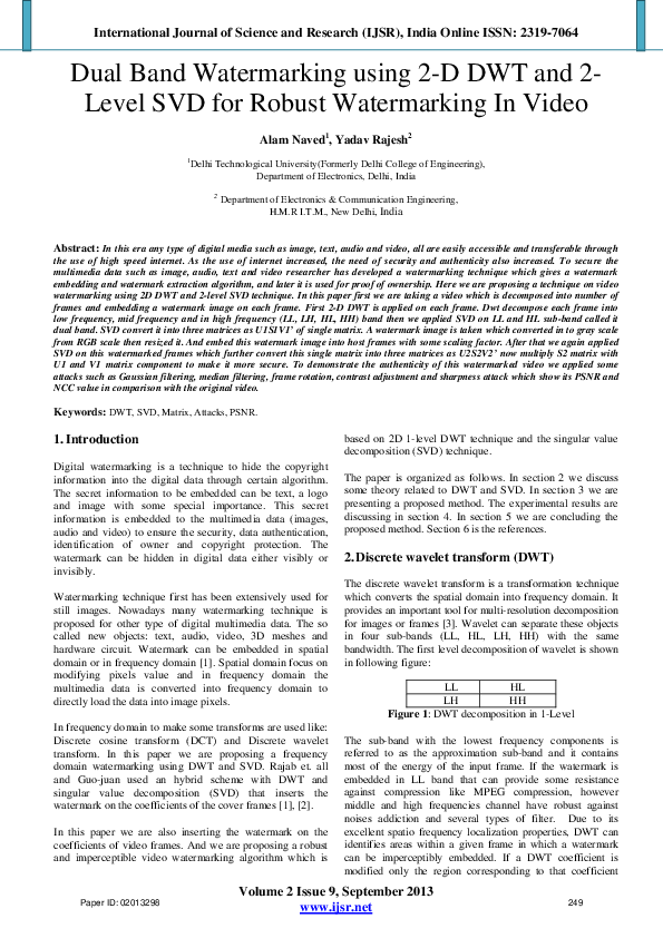 (PDF) Dual Band Watermarking using 2-D DWT and 2-Level SVD for Robust ...