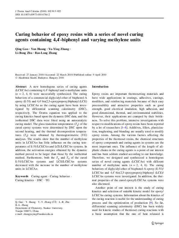 (PDF) Curing behavior of epoxy resins with a series of novel curing ...
