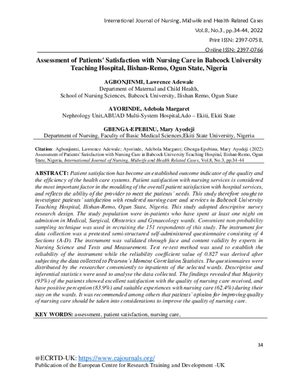 (PDF) Assessment of Patients’ Satisfaction with Nursing Care in Babcock ...