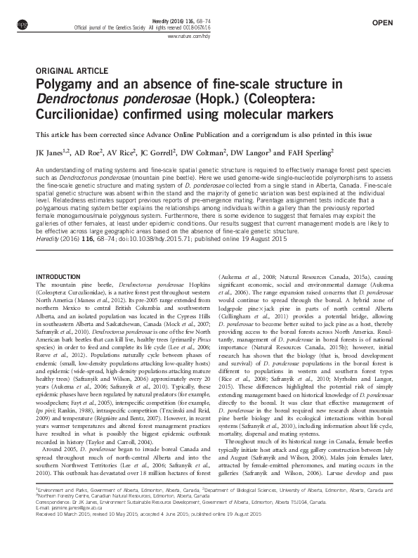 (PDF) Polygamy and an absence of fine-scale structure in Dendroctonus ...