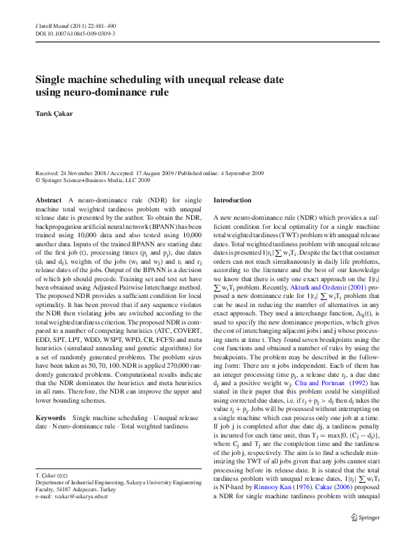 (PDF) Single machine scheduling with unequal release date using neuro ...