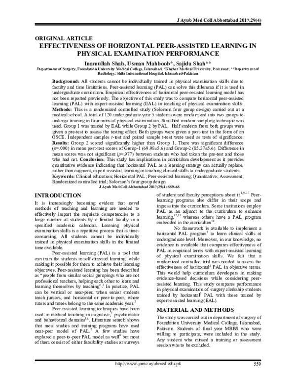 (PDF) Effectiveness Of Horizontal Peer-Assisted Learning In Physical ...