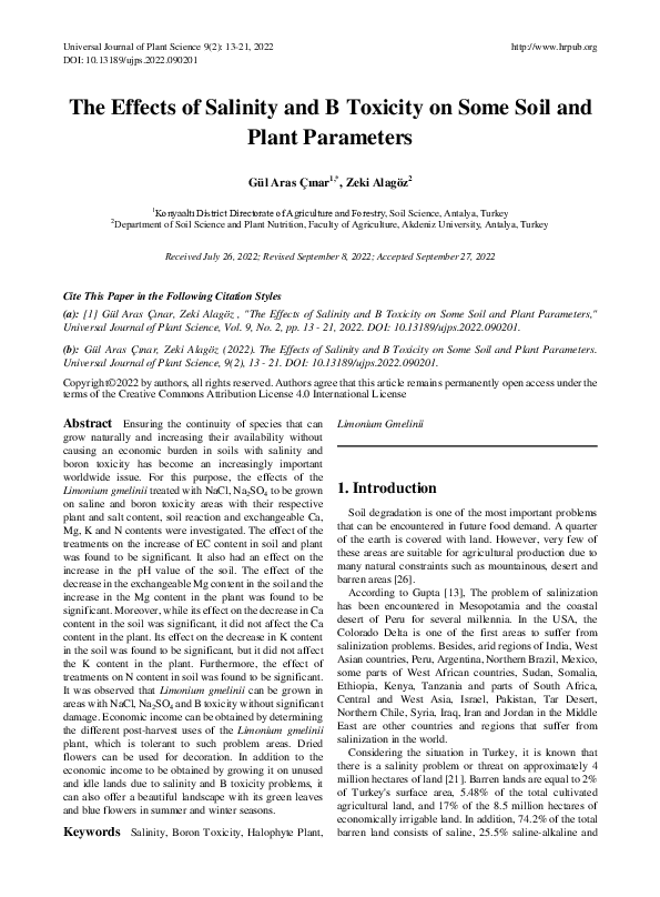 (PDF) The Effects of Salinity and B Toxicity on Some Soil and Plant ...