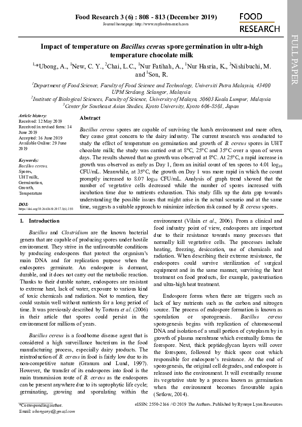 (PDF) Impact of temperature on Bacillus cereus spore germination in ...
