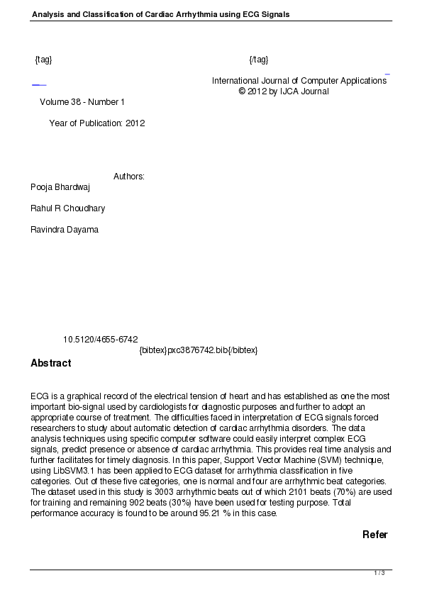 (PDF) Analysis and Classification of Cardiac Arrhythmia Using ECG Signals
