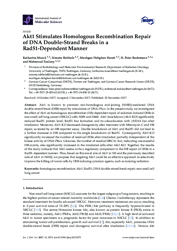 (PDF) Akt1 Stimulates Homologous Recombination Repair of DNA Double ...
