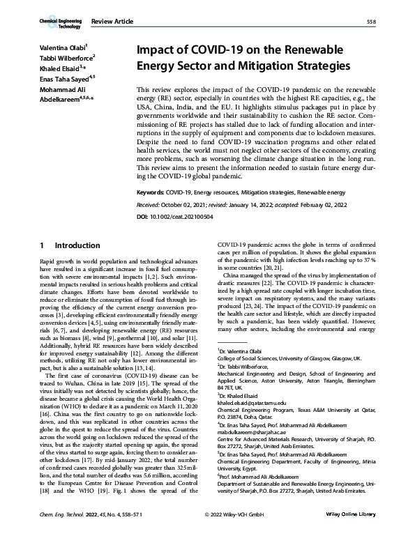 (PDF) Impact of COVID‐19 on the Renewable Energy Sector and Mitigation ...