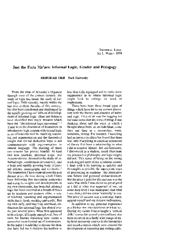 (PDF) Just the Facts Ma'am: Informal Logic, Gender and Pedagogy
