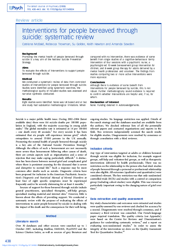 (PDF) Interventions for people bereaved through suicide: systematic review