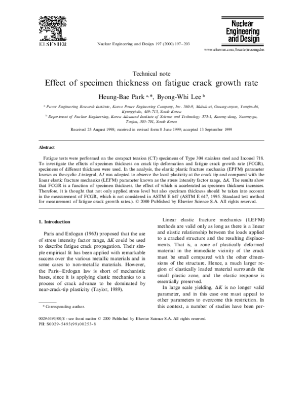 (PDF) Effect of specimen thickness on fatigue crack growth rate