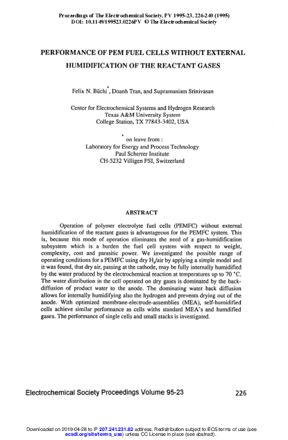 (PDF) Performance of PEM Fuel Cells without External Humidification of ...