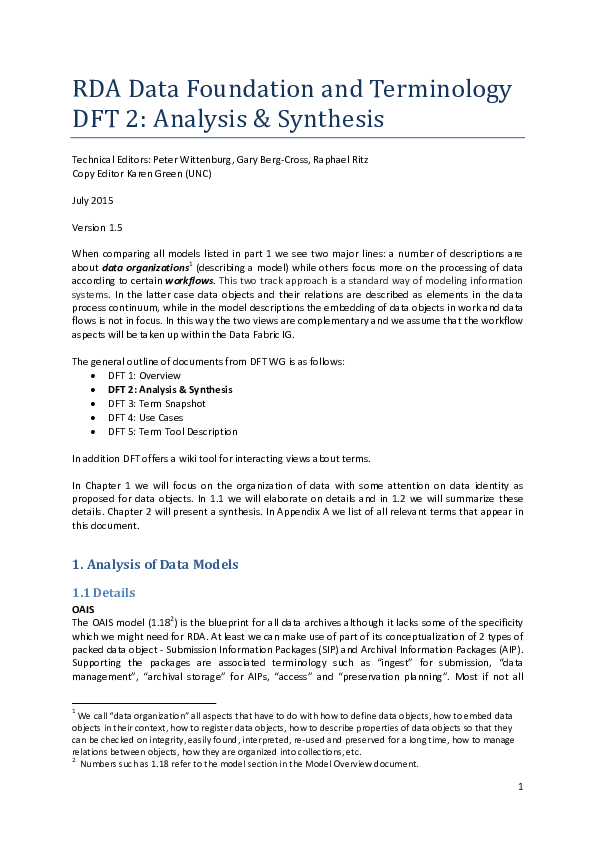 (PDF) RDA Data Foundation and Terminology DFT 2 : Analysis & Synthesis