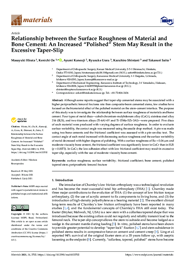 (PDF) Relationship between the Surface Roughness of Material and Bone ...