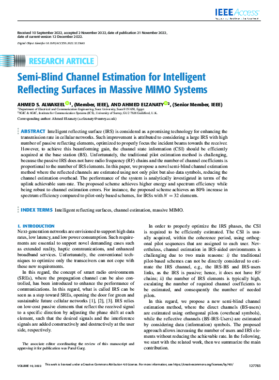 (PDF) Semi-Blind Channel Estimation for Intelligent Reflecting Surfaces ...