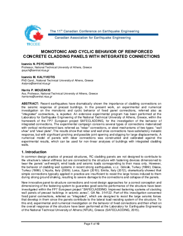 (PDF) Monotonic and Cyclic Behavior of Reinforced Concrete Cladding ...