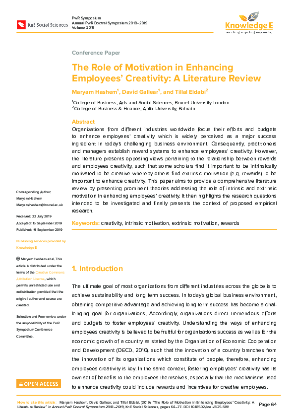 (PDF) The Role of Motivation in Enhancing Employees’ Creativity: A ...