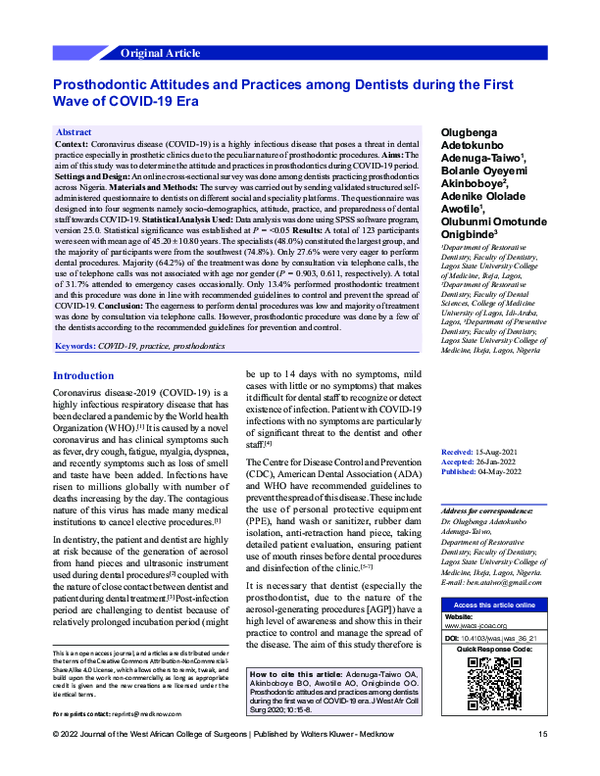 (PDF) Prosthodontic Attitudes and Practices among Dentists during the ...