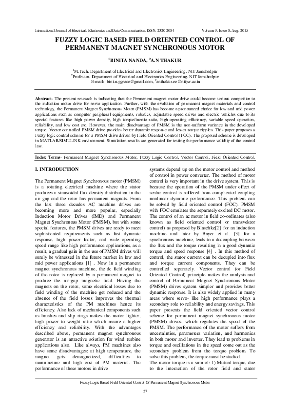 (PDF) Fuzzy Logic Based Field Oriented Control Of Permanent Magnet ...