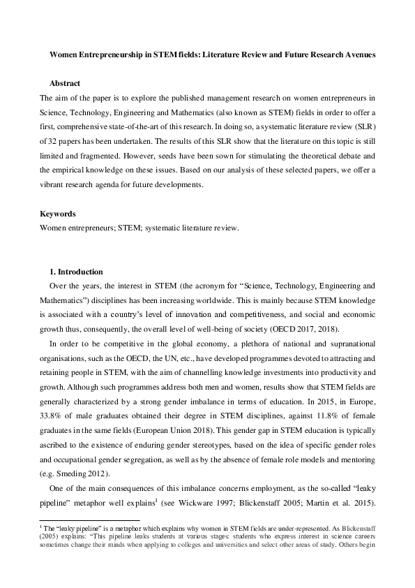 (PDF) Women entrepreneurship in STEM fields: literature review and ...