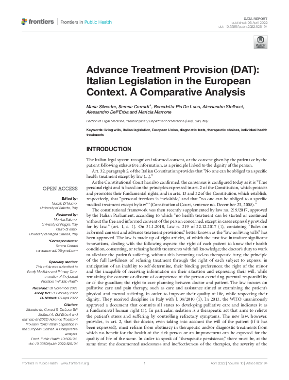 (PDF) Advance Treatment Provision (DAT): Italian Legislation in the ...