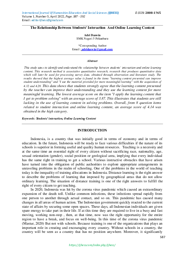 Pdf The Relationship Between Students Interaction And Online