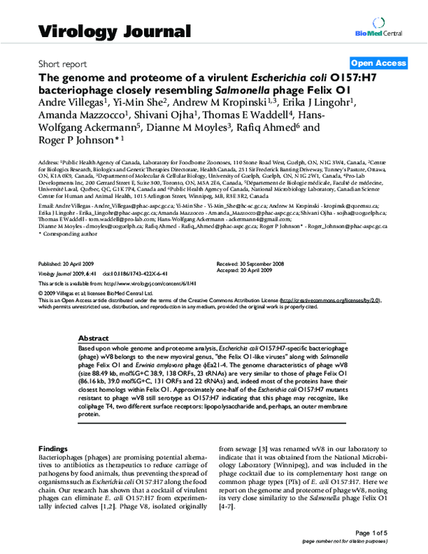The genome and proteome of a virulent Escherichia coli O157:H7 bacteriophage closely resembling Salmonella phage Felix O1