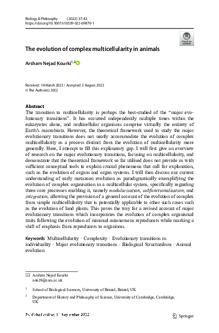 (PDF) The evolution of complex multicellularity in animals