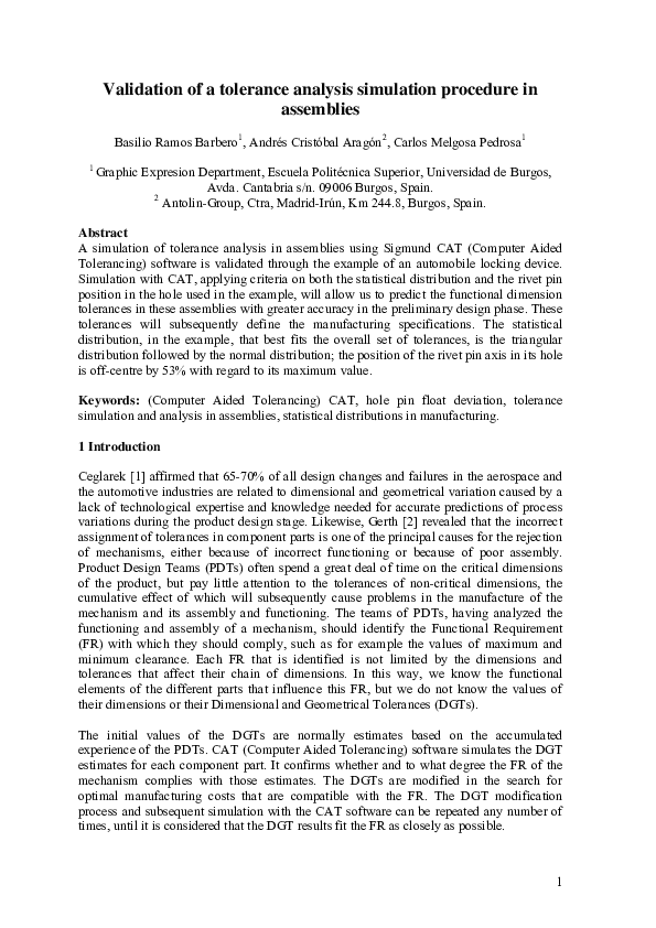 (PDF) Validation of a tolerance analysis simulation procedure in assemblies