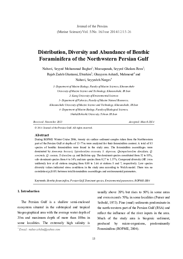 (PDF) Distribution, Diversity and Abundance of Benthic Foraminifera of ...