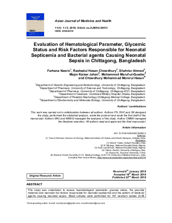(PDF) Evaluation of Hematological Parameter, Glycemic Status and Risk ...