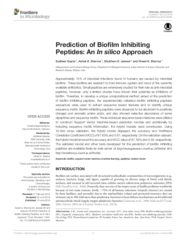 (PDF) Prediction of Biofilm Inhibiting Peptides: An In silico Approach